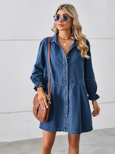 'Zola' Button Up Flounce Sleeve Mini Denim Dress - Celes Fashion